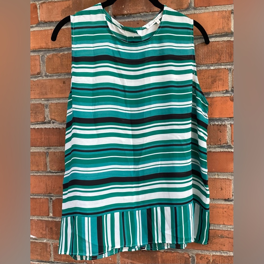 Button Back Sleeveless Blouse Green/White Stripe